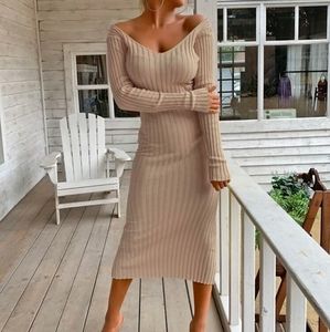 V-Neck Ribbed Solid Knit Sweater Dress